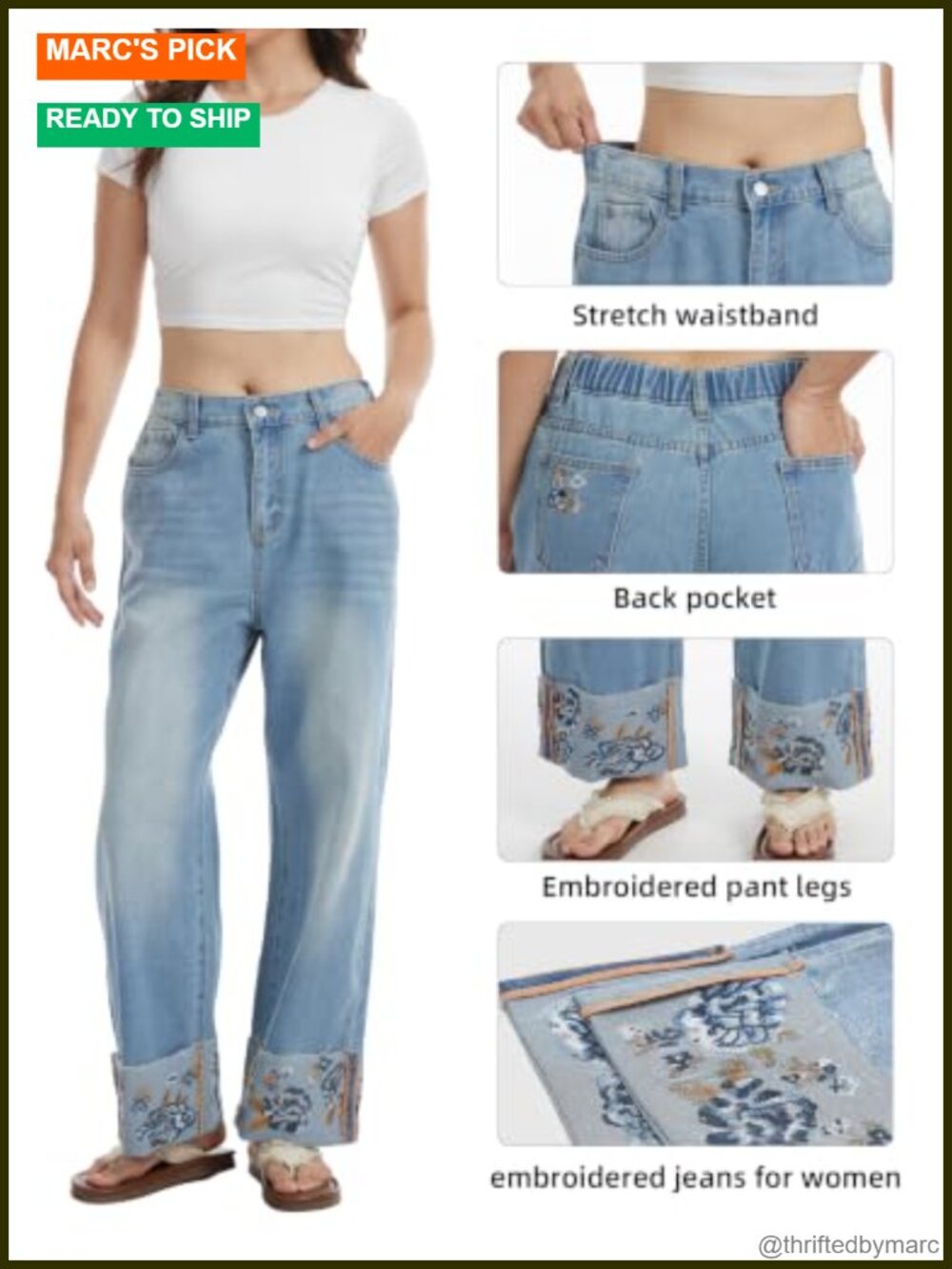 Embroidered Straight Leg Cuffed Stretch Denim Jeans - Picture 4 of 4